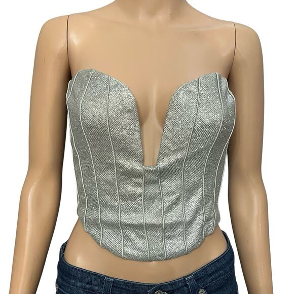Meshki Felicity Shimmer Corset Top XS Silver Plunging Strapless Holiday Club - Picture 1 of 11